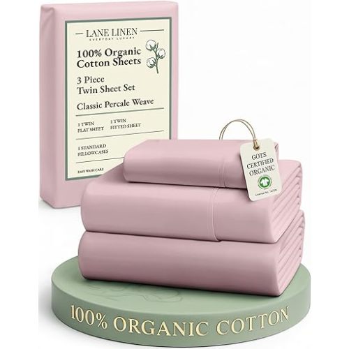 LANE LINEN Eco Friendly 100% Organic Cotton Twin Sheet Set, Hotel Quality Premium Bedding Sheets & Pillowcases Set Twin Size, Soft & Comfy Percale Sheets, Machine Wash Bed Sheets- Sepia Rose