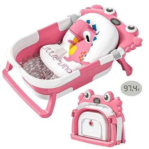 Collapsible Baby Bathtub for Newborns with Thermometer and Soft Floating Cushion Portable and Foldable Travel Baby Girl Bath Tub for Infants to Toddler 0-36 Month (Pink)