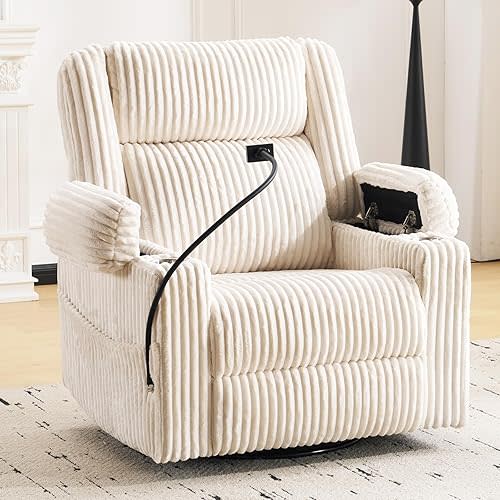 Oversized Power Recliner Chair with Massage and Heat, Swivel Rocker Recliner Chair for Adults with Arm Storage, Nursery Glider Recliner with Adjustable Headrest and Phone Stand, Side Pockets, Beige