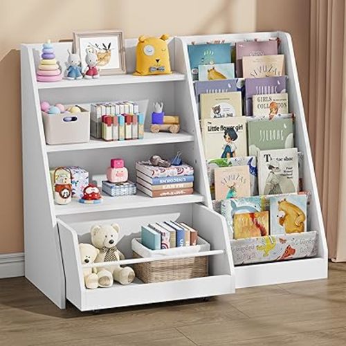 IRONCK 42 Inch Kids Bookshelf and Toy Storage, 4 Tier Toddler Bookshelf with Movable Drawer 5 Sling Pockets, Montessori Book Shelf for Kids Room, Playroom, Nursery-White