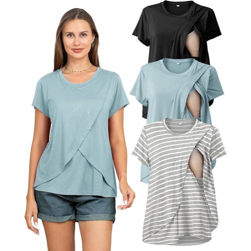 Rnxrbb 3 Pack Women's Nursing Tops for Breastfeeding Summer Short Sleeve T Shirts Postpartum Double Layer Clothes