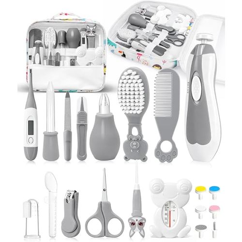 Baby Healthcare and Grooming Kit, Electric Safety Nail Trimmer Baby Nursery Kit, Newborn Care Kits with Hair Brush Comb for Newborn Infant Toddlers Baby Boys Girls Kids, Baby Shower Gifts (Grey)