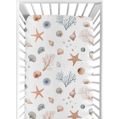 Sweet Jojo Designs Ocean Seashells Boy Girl Gender Neutral Unisex Baby Fitted Crib Sheet Infant Newborn Nursery Toddler Bed Room Standard Mattress Orange Blue Taupe Nautical Beach Theme Watercolor