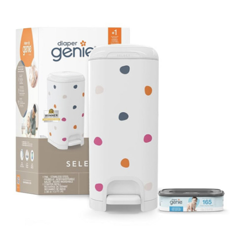 Diaper Genie Select Pail (Multi-Color Polka Dot) is Made of Durable Stainless Steel and Includes 1 Starter Square Refill That can Hold up to 165 Newborn-Sized Diapers.
