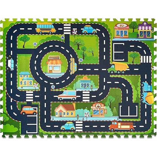 Sorbus Foam Playmat for Kids - Traffic Play Mat for Babies - Interlocking Floor Mats City Road Design - Track Play Rug for Children - Educational Playmat Rug Squares for Toy Cars & Trucks (12 Tiles)