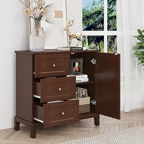 HLR Accent Cabinet with 3 Drawers and Door, Wooden Storage Cabinet with Shelves, Sideboard for Living Room, Entryway, Brown