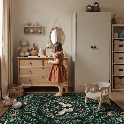 Elysia Washable Maximalist Unicorn Garden Dark Green Rug - Lahome