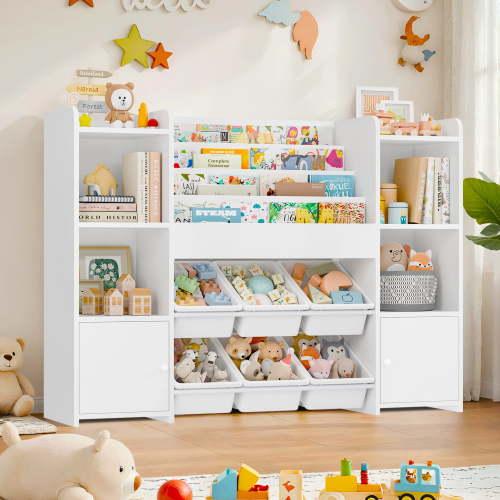 Hiphuta Kids Toy Box, Wooden Toy Organizer with Bookshelf, White Storage Bins for Playroom