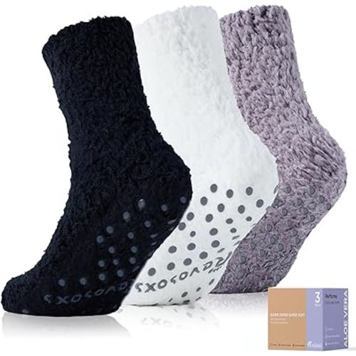 Fuzzy Socks with Grips for Men Women,Non Slip Fluffy Hospital Crew Cozy Warm Socks with Aloe Vera Moisturize