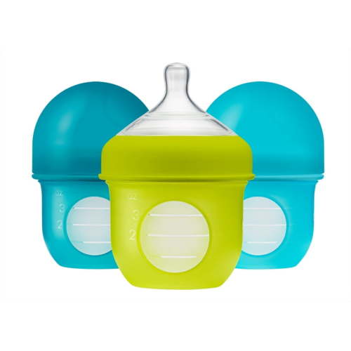 Boon Nursh Reusable Silicone Pouch Baby Bottle, Air-Free Feeding, Blue Multi Pack 4 Oz 3 Pk
