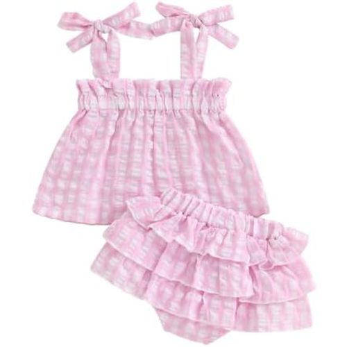 Adobabirl Baby Girl Summer Outfits Plaid Tie-Up Straps Sleeveless Tank Tops Layered Bloomers Shorts Boutique Clothing Set