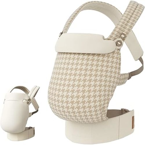 Reversible Baby Carrier, Khaki Solid & Houndstooth; Lightweight, Cooling & Breathable Lyocell Fabric; Ergonomic Lumbar Support and Quick Hands-Free Wear for Newborn to Toddler (7–44 lbs)