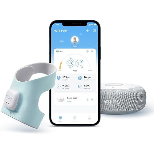 eufy Baby Smart Sock S320 Baby Monitor with 2.4 GHz Wi-Fi, Track Sleep Patterns, Naps, Heart Rate, and Blood Oxygen Levels, Soft and Comfortable, for Babies 0-18 Months, No Monthly Fee