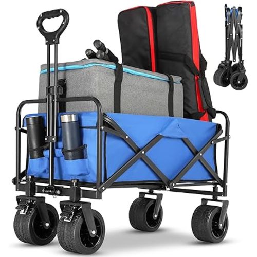 Collapsible Foldable Beach Wagon,Folding Wagon Cart with Big Wheels,Utility Grocery All Terrain Wagons carts Foldable with Brakes for Sand Camping Sports Outdoor(Lake Blue).