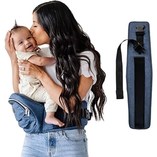 Tushbaby New - Chambray Carrier + Extender. Adjustable up to 71" - USA Safety Certified Hip Seat Baby Carrier - Machine Washable, Ergonomic Newborn + Toddler + Child