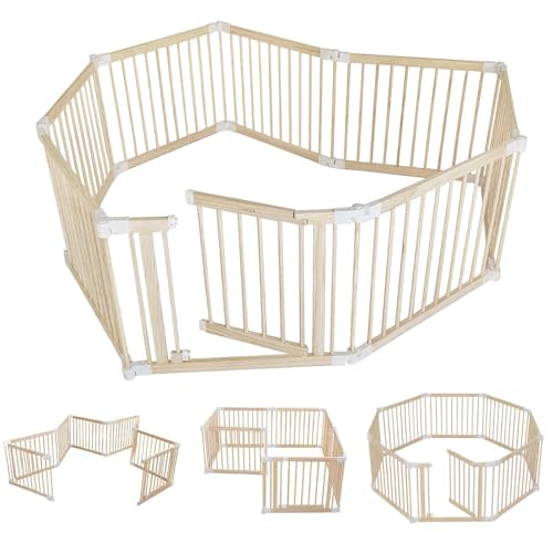 CONKKA Foldable Wooden Baby Playpen Large Play Yard for Babies and Toddlers, 2 in 1 Portable Fence Custom Tall Wood Gate with Adjustable Size & Shape for Infants 3-12 Months Indoor/Outdoor Area