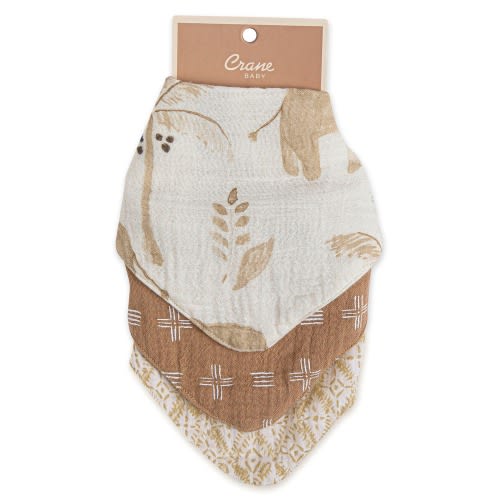 CRANE BABY Kids' 3-Pack Cotton Muslin Bandana Bibs, Beige Multi