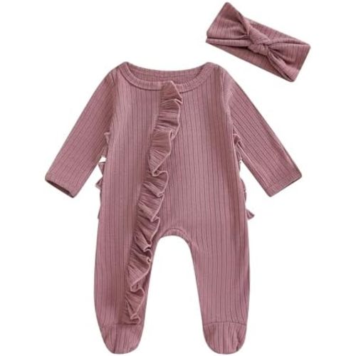 Newborn Infant Baby Girl Clothes Long Sleeve Romper Waffle Ruffle Zip Footie Jumpsuit Fall Winter Outfit With Bow