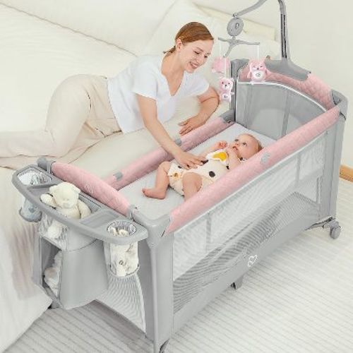 Babybond Baby 5 In 1 Bassinet Beside Sleeper With Sheet, Pack And Play, Portable Changing Table, Large Playard
