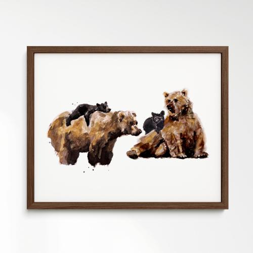 Bear Family of 4 (Two Big and Two Small Bears) Woodland Animal Watercolor Art Print for Woodland Nursery