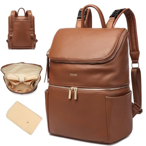 Yomiky Leather Diaper Bag Backpack for Women with Multiple Pockets,Laptop Compartment and Changing Pad