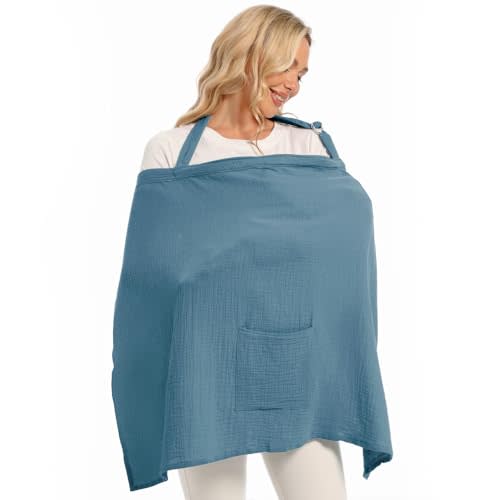 Wimst Muslin Nursing Cover Breastfeeding for Women, Soft and Breathable Breastfeeding Cover with Rigid Hoop for Nursing Apron (Blue)