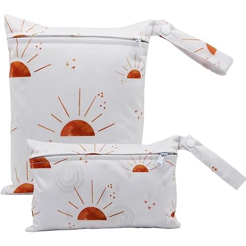2 Pack Cute Little Wet Dry Bags for Baby Diapers & Breast Pump Parts, Waterproof Reusable Wet Bag with Handle, Beach Pool Gym Bag Stroller Yoga Toiletries Daycare Organizer, 7.9"*9.8"/5.9"*8.9"