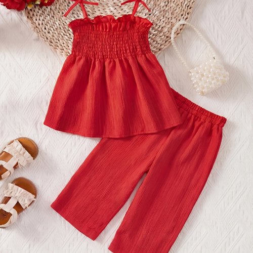 Valentine's Day Baby Girls' Summer Sweet Style 2pcs Set, Lightweight & Breathable Solid Color Smocked Cami Top with Ruffled Hem + Pants, Breathable Outdoor Outfit for Daily Casual Wear, Perfect for Outdoor