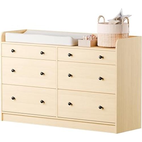 Cozy Castle Baby Dresser with 6 Drawers and Large Table Top, Multi-Functional Chest of Drawer, Drawer Dresser with Three-Sided High Rails for Nursery, Children's Room, Bedroom, Oak