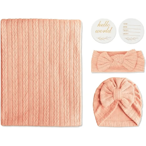 Golener Muslin Swaddle Blankets - Sleepsack Swaddle with Bow Headbands, Hats Set and Newborn Name Announcement Card, Stretchy Baby Blankets for Girls&Boys Unisex, Perfect for Newborn Photos (Peach)