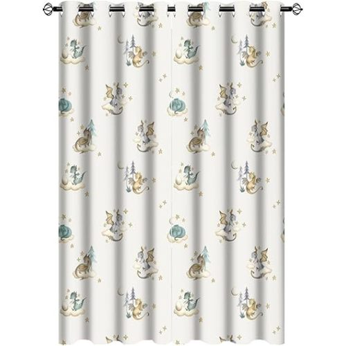 Watercolor Cute Baby Dragon Blackout Curtains for Bedroom,Fantasy Cartoon Mid Century Woodland Dragon Grommet Thermal Insulated Room Darkening Curtains 63L x 21W,2 Panels
