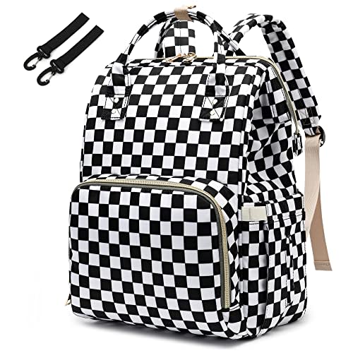 Yusudan Checkered Diaper Bag Backpack for Baby Girls, Mom Waterproof Large Nappy Bags for Women