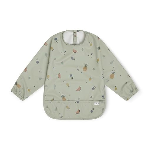 Lalo Smock Bib - Long Sleeve Baby Bib, Elastic Cuffs for Comfort, Large Catch-All Pocket, Waterproof Recycled Polyester - Durable Baby Smock Bib for Mealtime - Ages 6-24 Mo. - Fruit Print Sage
