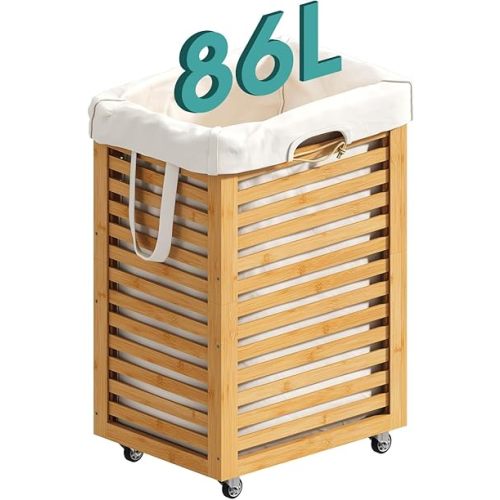 Laundry Hamper, 22.7 Gallon (86L) Bamboo Wood Clothes Laundry Basket with Wheels and Handles, Removable Liner