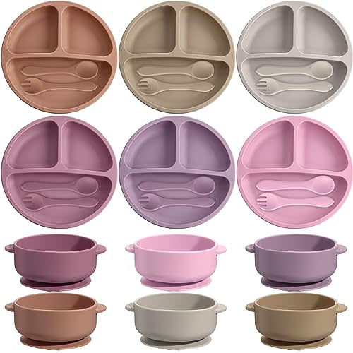 Dandat 24 Pcs Silicone Baby Feeding Set, 6 Baby Toddler Suction Bowls 6 Divided Suction Plates with 6 Forks 6 Spoons, Baby Utensils Set for Weaning Infant Feeding and Eating, 6 Styles (Light Color)