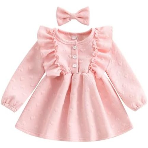 Karuedoo Toddler Baby Girl Valentines Dress Heart Textured Velvet Ruffle Long Sleeve Dress Birthday Party Wedding Dresses