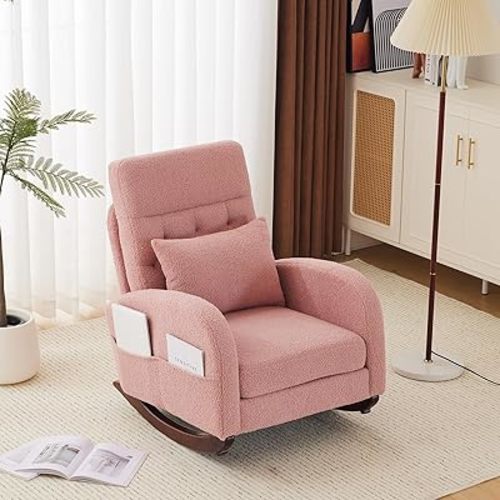 VINGLI Teddy Fleece Low Seat Rocking Chair,Boucle Upholstered Nursery Glider Chair with Side Pockets,Accent Arm Chair with High Backrest,Comfy Head Rest,Solid Wood,For Living Room Bedroom Balcony,Pink