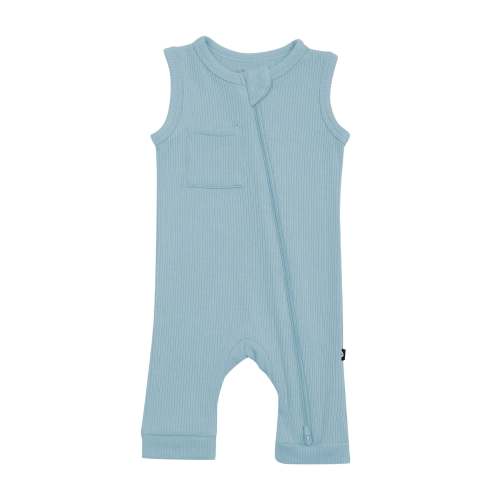 Ribbed Zippered Sleeveless Romper in Dusty Blue