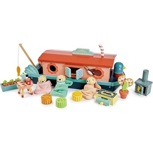 Tender Leaf Toys - Little Otter Canal Boat - 23 Pcs Furnished Wooden Boat Toy with Removeable Roof and Animal Figures - Gender-Neutral Open-Ended Play Set for Story Telling - Age 3 +