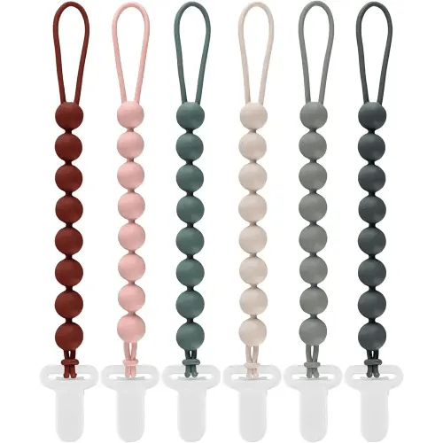6-Pack Silicone Pacifier Clips for Babies, Safe Teething Beads, Rust-Free Holders, Baby Boy and Girl Essentials, Newborn Must-Have Accessories, BPA-Free