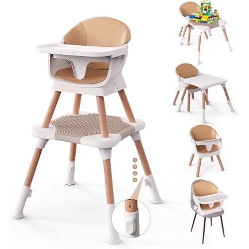 Jincheng Silla alta de madera convertible 6 en 1 para bebés y niños pequeños – Asientos elevadores con patas ajustables, bandeja extraíble doble, arnés de seguridad, cojín de poliuretano impermeable y