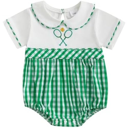 KMBANGI Infant Newborn Baby Girl Tennis Outfit Tennis Racket Short Sleeve Smocked Romper One Piece Sports Bodysuit Summer