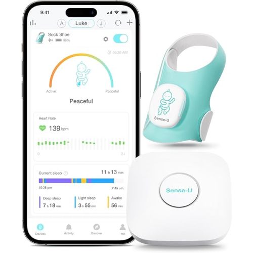 Sense-U Smart Sock Shoe Baby Monitor (Long Range) – Track Baby’s Heart Rate, Movement, and Sleep with Real-Time Alerts from Anywhere, FSA/HSA Eligible