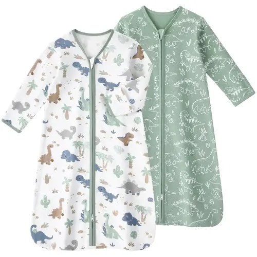 Baby Sleep Sack 6-12 Months, Long Sleeve Baby Wearable Blanket 0.5 Tog with Mittens, 2-Way Zipper Infant Cotton Sleeping Sack for Boy and Girl Green Dinosaur 2 Pack (Medium)