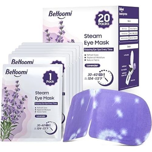 BeHoomi 20Packs Steam Eye Mask, Heated Eye Mask Warm Compress for Eyes, Disposable Self Heating Steam Mask for Sleep, Spa, Travel Essentials, Relaxation Gifts for Women, Mothers Day Gifts (Lavender)