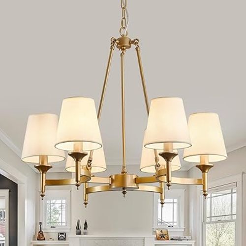 Gold Wagon Wheel Chandelier with White Linen Shade 6-Light Industrial Ceiling Light Fixture 26.8inch Large Farmhouse Hanging Pendant Light for Dining Living Room Kitchen Bedroom Entryway Foyer