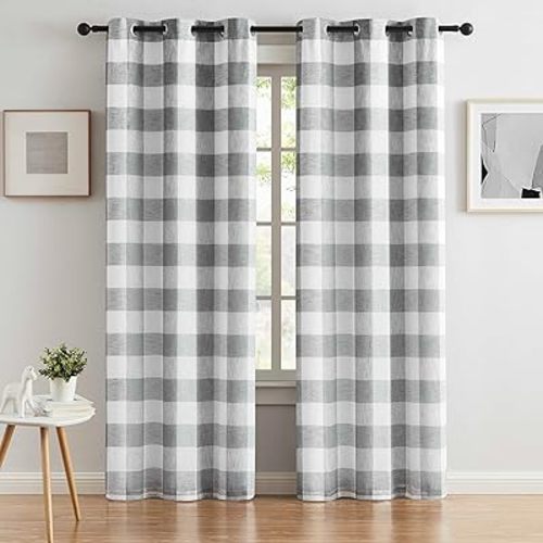 Gray White Buffalo Plaid Full Blackout Window Curtains 84 Inches Long Farmhouse Geo Checkered Panels Linen Textured Grommet Drapes Noise Reducing Window Treatment for Bedroom,Living Room,40"x84"x2