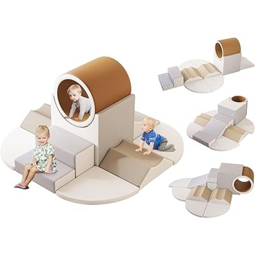 MOOITZ Soft Play Climbing for Toddlers, 10pcs Foam Climbing Blocks for Toddlers for Nursery, Living Room, Baby Climbing Blocks with Tunnel for Climb,Crawl and Slide (Brown)