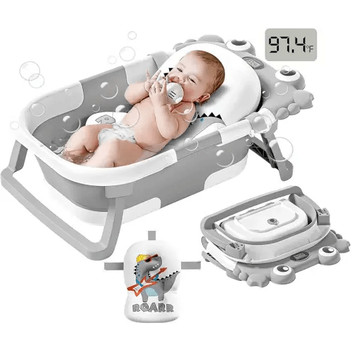 Collapsible Baby Bathtub for Newborns to Toddler with Real-time Temp Monitor & Floating Cushion,Portable Travel Tub for 0-36 Month, Foldable Baby Bath Tub for Infants Boy (Grey)