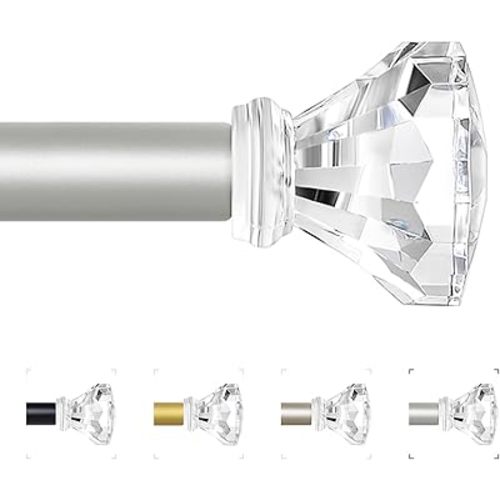 Silver Decorative Crystal Curtain Rods 36 to 88 Inch:Heavy Duty Adjustable Window Curtains Rods for Living Room Bedroom,Nickel Modern Girly Acrylic Drapery Rods with Clear Bling Diamond Finials